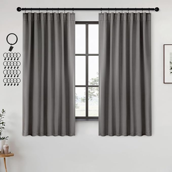 ANRODUO Back Tab Blackout Curtains for Bedroom Living Room, Rod Pocket Pinch Pleated Thermal Insulated Room Darkening Curtains 45 Inches Long 2 Panels, Grey, 42 x 45 Inch