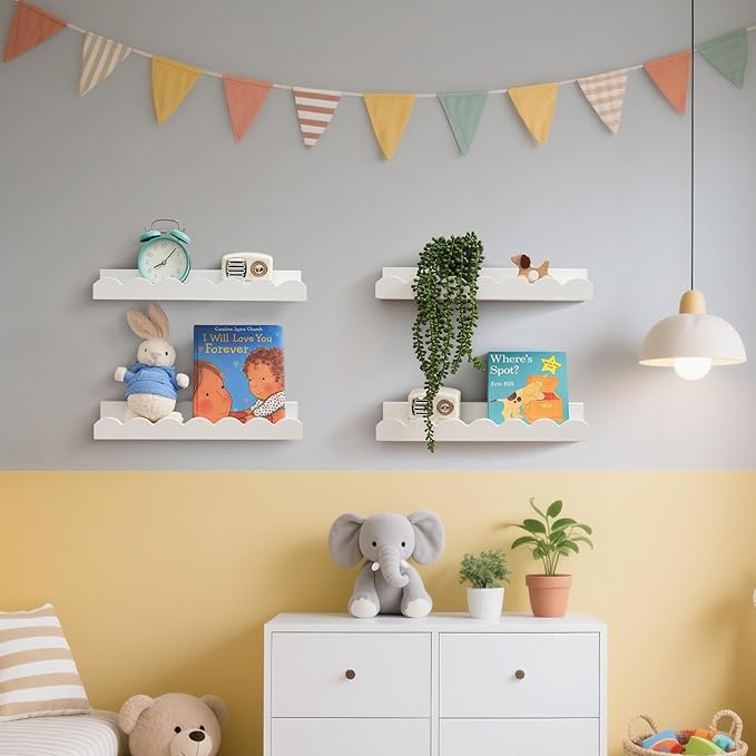 Scalloped Baby Book Shelf,Floating Shelves for Wall Set of 4 Solid Pine Wood Nursery Bookshelves with Wave Lip for Bedroom Kids, Toddler Room, Baby Room, Nursery Decor(White,40cm)
