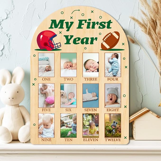 ORIGACH My First Year Baby Growth Photo Display Wood Board - 12 Months Newborn Milestones Photo Board - Neutral Baby Keepsake Frame 1st Birthday Party Nursery Decor New Mom Gift - Football