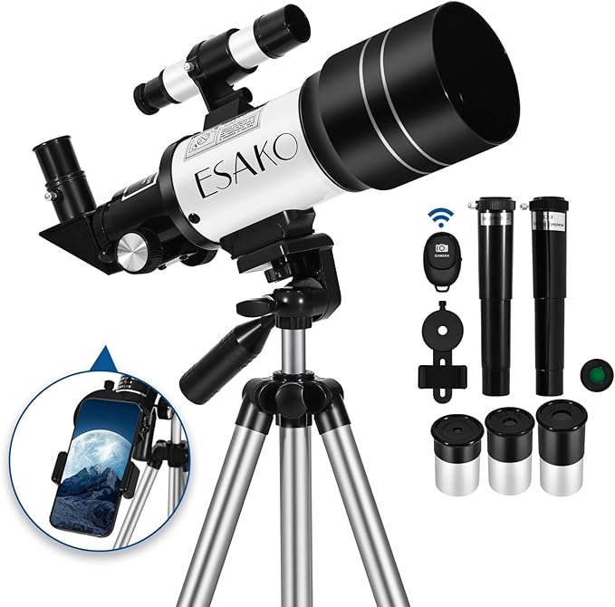 ESAKO Telescope for Kids & Beginners, 70mm Aperture Portable Telescopes with 3 Eyepieces, Height Adjustable Tripod & Phone Adapter & Remote Control