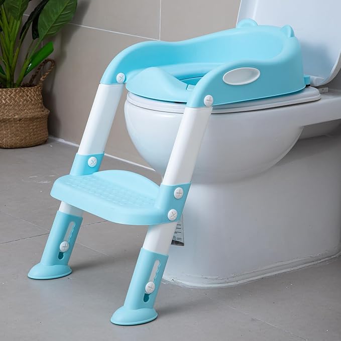 Potty Training Toilet Chair Seat with Step Stool Ladder for Kids and Toddler Boys Girls - Foldable Height Adjustable Children Toilet Training Seat with Safe Handles & Anti-Slip Pads, Blue-White