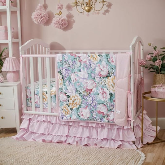 Brandream Crib Bedding Sets for Girls Garden Floral Nursery Set 3-Piece | Ruffled Baby Comforter, Crib Sheet and Tulle Lace Crib Bed Skirt, Green White