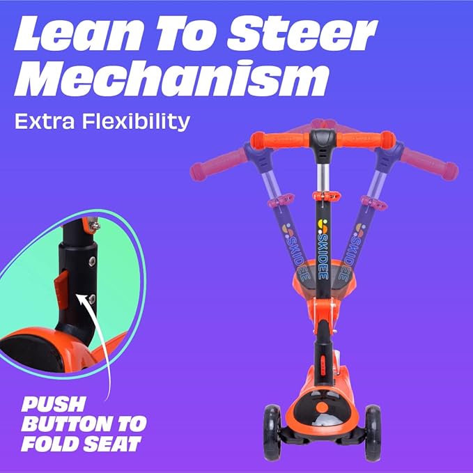 SKIDEE Kick Scooters for Kids Ages 3-5, Adjustable Height Foldable Scooter with Removable Seat, 3 LED Light Wheels, Rear Brake, Wide Standing Board, Suitable Up to 12 Year Old Boys/Girls