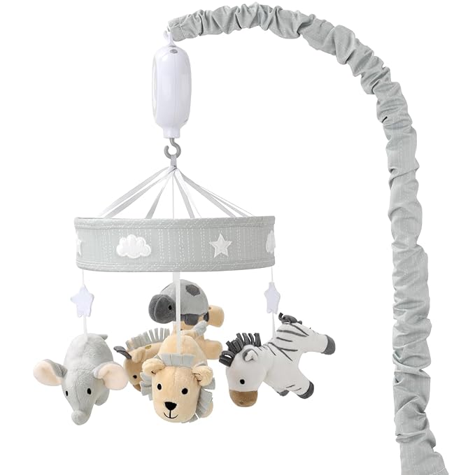 The Peanutshell Crib Mobile for Boys or Girls - Grey Musical Baby Crib Mobile with 12 Lullabies, Lion, Elephant, Zebra, Safari Plush Toys Hanging, Infant Baby Mobile Crib, Safari Nursery Decor