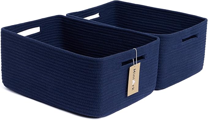 Large Storage Baskets for Shelves, Closet Organizers Bins for Clothes Blanket Towels, Baby Nursery, Toy Baskets Box, Woven Rope Baskets, 17 x 13 x 7.5”, 2 Packs Navy Blue