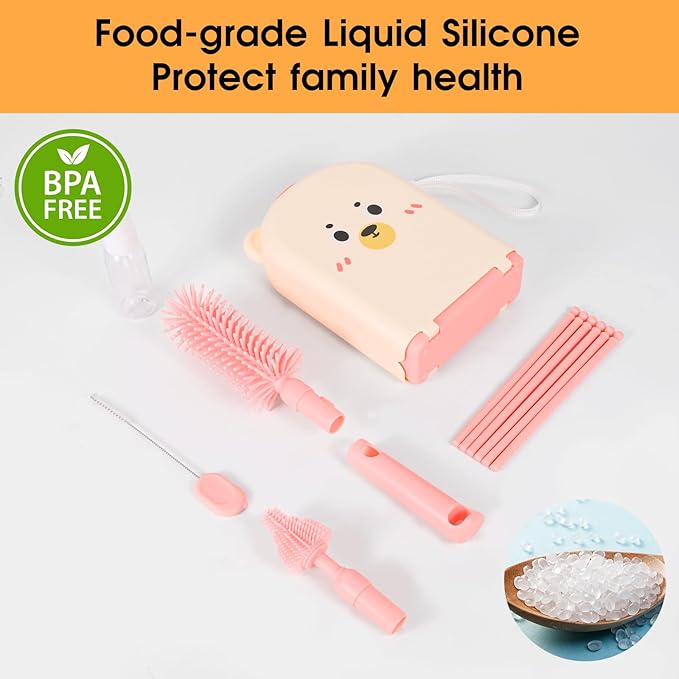 Portable Baby Bottle Brush Set - 7 in 1 Baby Bottle Cleaner Kit, Baby Travel Essential Bottle Washing Kit with Silicone Bottle Brush, Nipple Brush, Straw Brush, Drying Rack for Home and Travel (Pink)