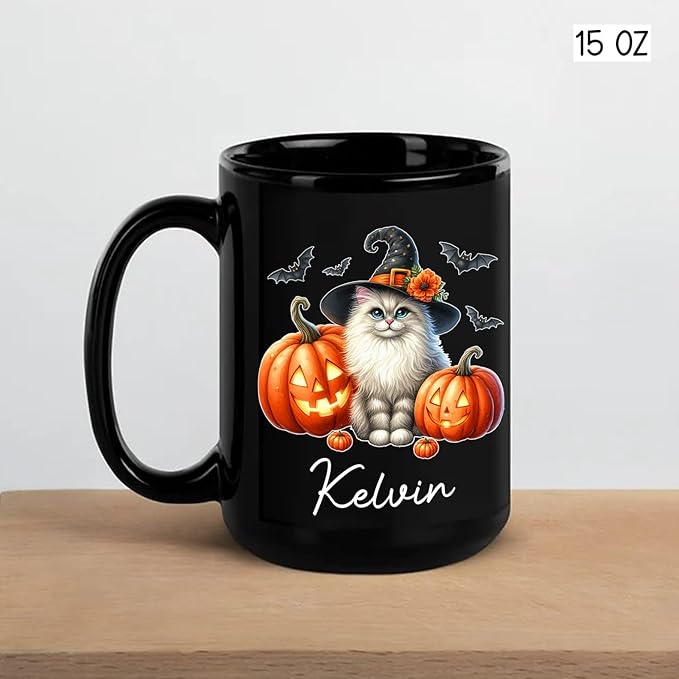 Personalized Turkish Angora Wearing Witch Hat Mug 11oz 15oz, Halloween Turkish Angora Coffee Cup with Custom Name, Cat Pumpkins Ceramic Mug for Halloween, Cat Pet Black Cup Gift for Pet Lover
