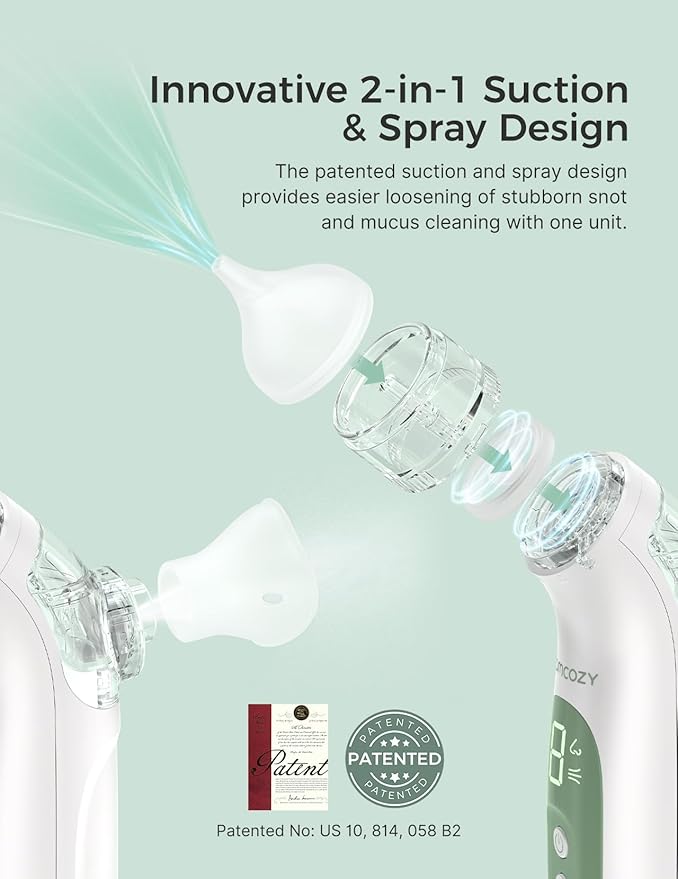 Momcozy BreezyClear™ 2-in-1 Electric Nasal Aspirator with Spray, Nasal Aspirator for Baby, 65kPa Nose Sucker with 4 Adjustable Suction Levels,Portable Electric Nose Cleaner,Light & Music Soothing