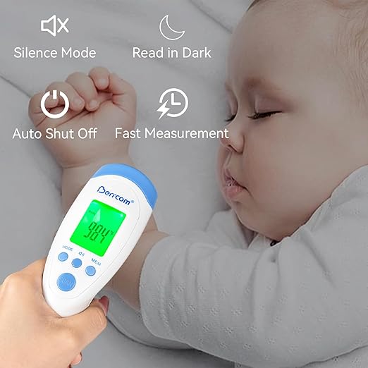 Berrcom Non-Contact Infrared Forehead Thermometer for Adults and Kids, 3-in-1 Digital Fever Thermometers with LCD Display and Fever Alert, Contactless Temperature Reader