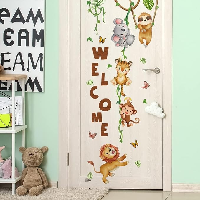 clothmile Watercolor Jungle Animal Wall Decals Welcome Animal Wall Sticker Lion Monkey Koala Wall Decals for Kids Baby Nursery Playroom Bedroom Classroom Kindergarten Wall Decor
