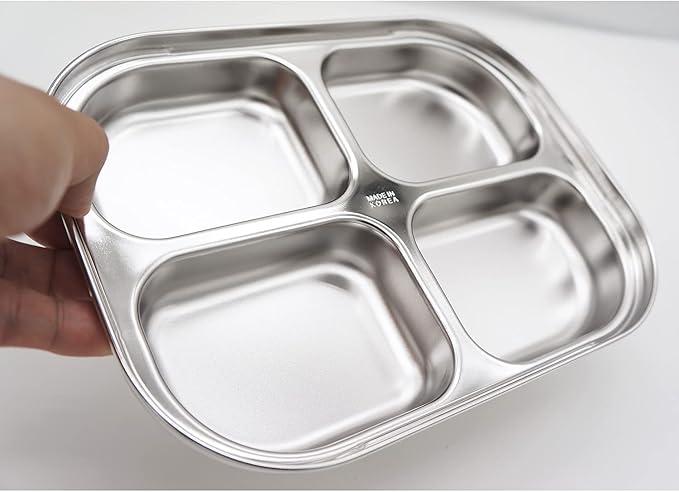 Korean Stainless Steel Divided Plates by KS&E, Little Kids Toddlers Babies Tray, BPA Free, Diet Food Control, Compact Serving Platter, Dinner Snack, 4 Compartment Plate Silver, Set of 2