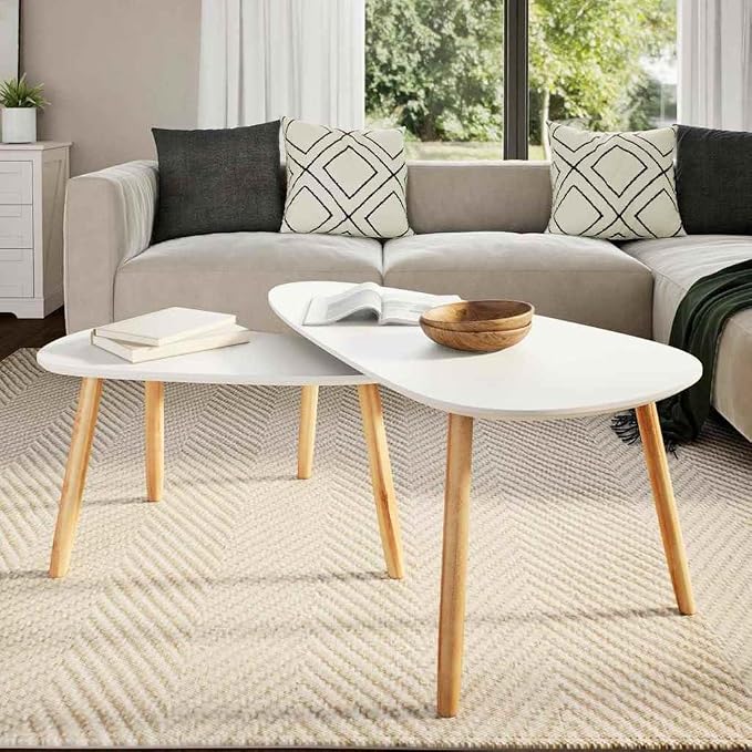 2 Scandinavian-Style Coffee Table & Set White Solid Pinewood - Image 3