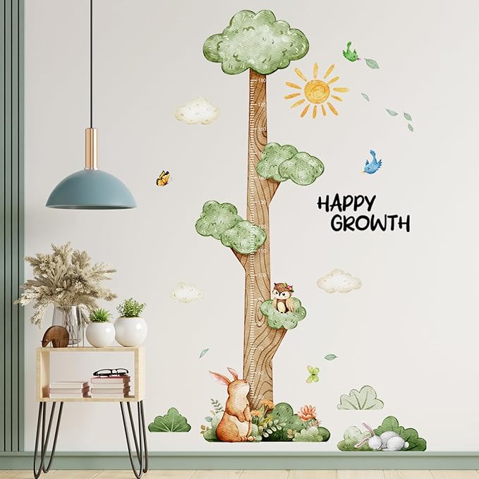 3D Cartoon Height Growth Chart for Kids Wall Stickers Removable DIY Jungle Animals and Plants Height Sticker Peel and Stick Sun White Clouds Wall Art Decor for Nursery Kids Bedroom Living Room