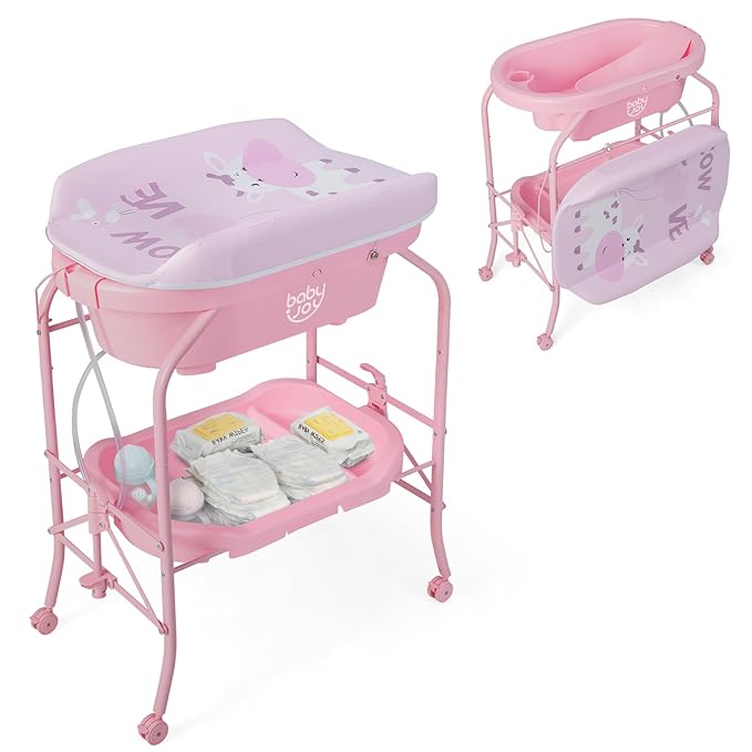 BABY JOY Baby Bathtub with Changing Table, Foldable Infant Diaper Changing Station with Storage Tray, Waterproof Pad, Portable Newborn Nursery Organizer Bath Stand with 4 Universal Wheels (Pink)