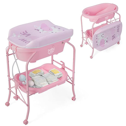 BABY JOY Baby Bathtub with Changing Table, Foldable Infant Diaper Changing Station with Storage Tray, Waterproof Pad, Portable Newborn Nursery Organizer Bath Stand with 4 Universal Wheels (Pink)