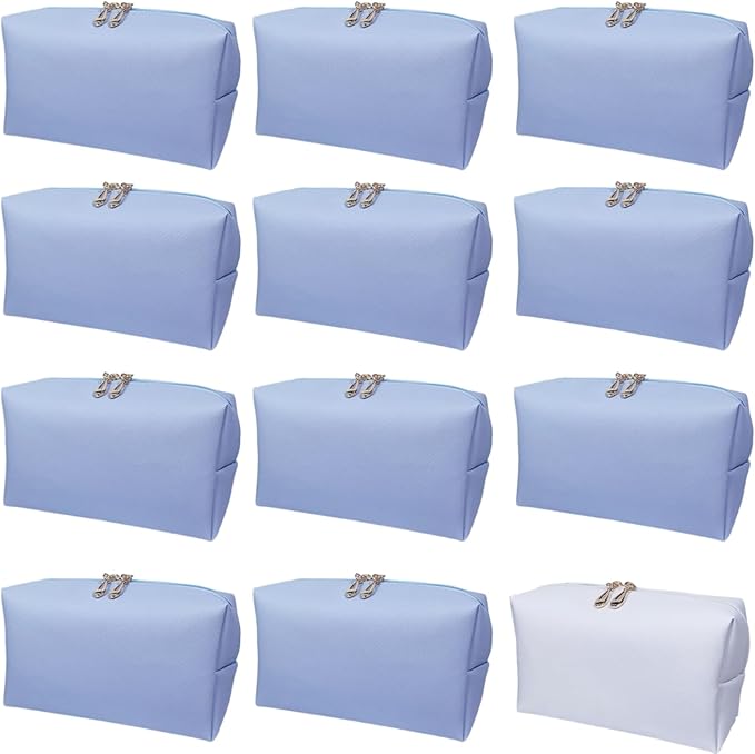 Bridesmaid Proposal Gifts Letter Cosmetic makeup bag bulk for Wedding Party Favors Bachelorette party decorations Toiletry Organizer Bag Makeup Case Gift (12, White&Dusty Blue)