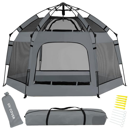 Pop Up Playpen for Babies with Canopy & Safety Lock - Outdoor Baby Playpen with 6 Ground Stakes & 6 Sand Stakes, UV Protection & Carry Bag, Instant Beach Tent for Indoor/Outdoor Use（Grey）