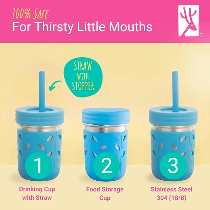 Elk and Friends 10oz Stainless Steel Kids + Toddler Drinking Cups | The Original Mason Jars with Lids + Sleeves + Straws | Smoothie Cups | Spill Resistant | Dishwasher Safe | 2 Pack