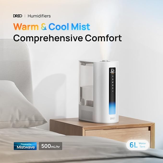 Dreo 6L Humidifier Large Room, Warm & Cool Mist Humidifiers for Bedroom, 60H Runtime, 12H Timer, Top Fill, Humidity Indicator Light, Baby, Plants, Easy Clean, HM713
