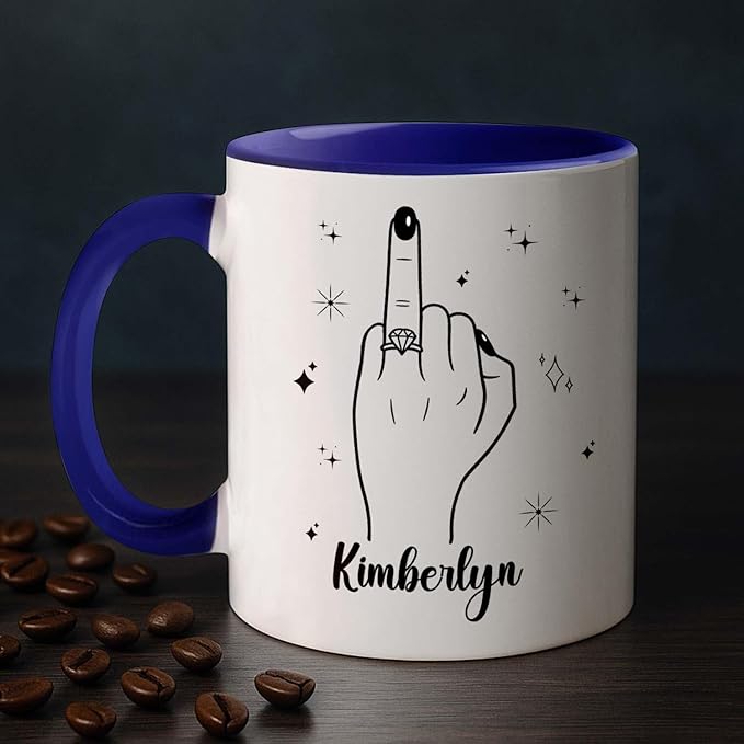 Personalized Ring Finger Coffee Mug With Name, Custom White Cup Gift For Wedding Engagement Bridal Shower Bachelorette, Ring Accent Coffee Cup For Her Girlfriend Bride Wife, Just Married Mug 11 15Oz