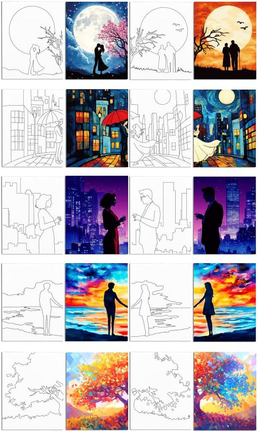 WEBEEDY 10 Pcs Sip and Paint Canvas Set Pre Drawn for Painting, Valentines Painting Kit for Couples Date Night, Art Painting Supplies, Home Date Night Activity, Sip Party Decor, 203x245mm/8x10