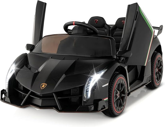 Costzon Ride on Car, Lamborghini Licensed 12V Battery Powered 4WD Sports Car with Remote Control, 3 Speeds, Hydraulic Doors, LED Lights, Towing Wheel, Horn, Music, Electric Vehicle for Kids Aged 3-8