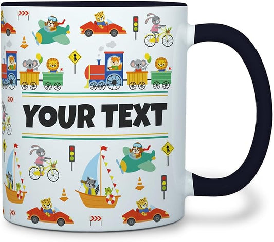 Personalized Mug for Kids - Vehicles - Custom Name/Text, Ceramic Hot Chocolate/Cocoa/Coffee Cup for Boys, Birthday/Christmas/Holiday Gift - 11 oz, Black Handle