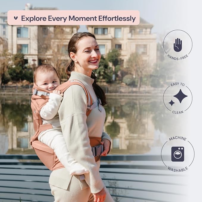 BabbleRoo Grow Carrier – Safety-Certified 6-in-1 Baby Carrier with Hip Seat, Ergonomic & Adjustable Toddler Carrier 7-50 lbs with Hip Support, Hood for Sun Protection, Newborn to Toddler,Kangaroo Rose