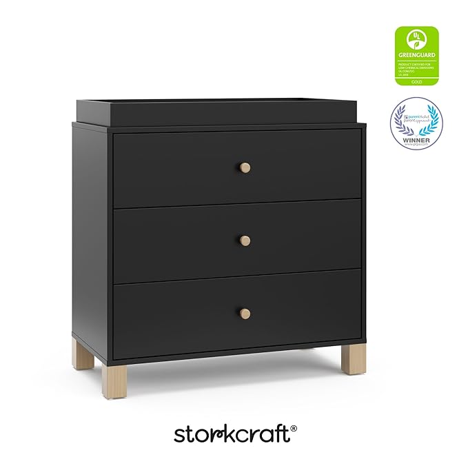 Storkcraft California 3-Drawer Chest with Removable Changing Topper (Black with Driftwood) – GREENGUARD Gold Certified, Interlocking Drawer System, Pre-Installed Tracks, Easy Assembly