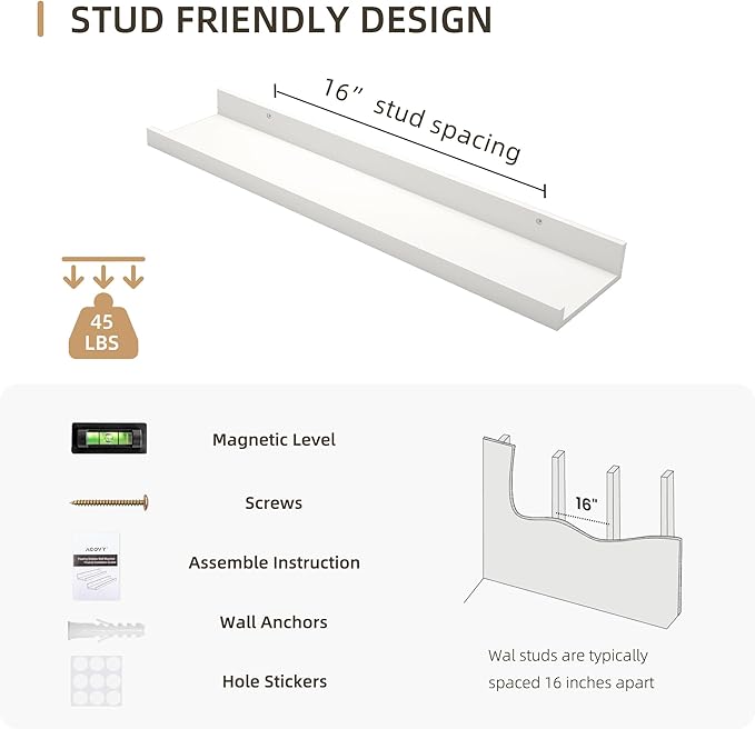 Picture Ledge Shelf, Wood Floating Shelves Set of 4, 24 inch Picture Ledge Shelves, Photo Ledge Nursery Book Shelves Wall Mounted for Living Room Kids' Room Bedroom, Color White