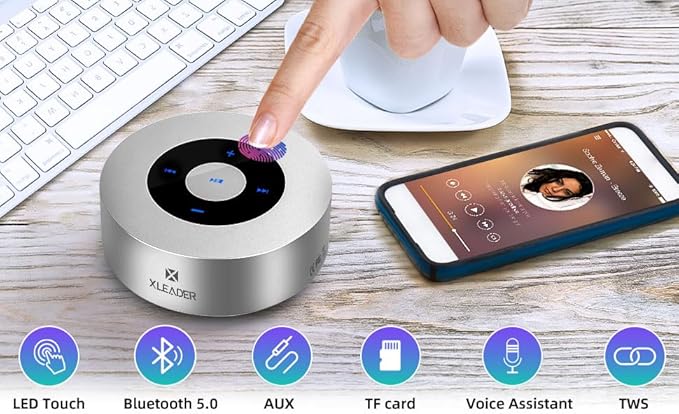 XLEADER Mini Bluetooth Speaker (Gift Box Packed) Portable Speakers Bluetooth Wireless with Micro SD Card Slot, Mic, Aux Input, Touch Screen, 12H Playtime, Small Speaker for Laptop Office Yoga,Silver