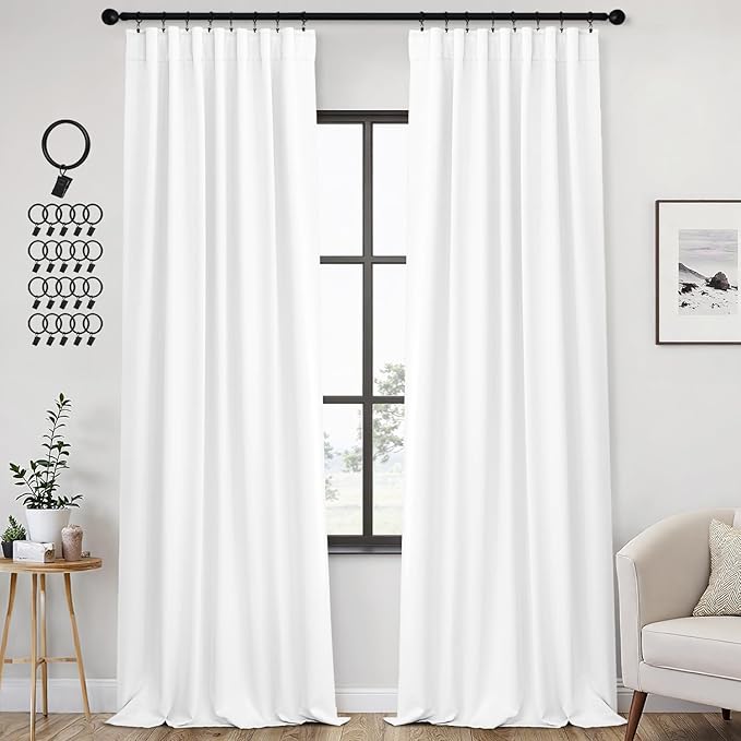 ANRODUO Back Tab Blackout Curtains for Bedroom Living Room, Rod Pocket Pinch Pleated Thermal Insulated Room Darkening Curtains 96 Inches Long 2 Panels, White, 42 x 96 Inch