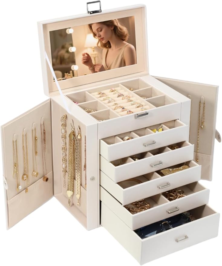BOOVO Jewelry Box For women, 6 Layer Large Jewelry Organizer With Mirror, Multi-Function Storage Box With Lock, Accessory Holder With 5 Drawers, For Earrings Necklace Ring Bracelet (Pearl White)