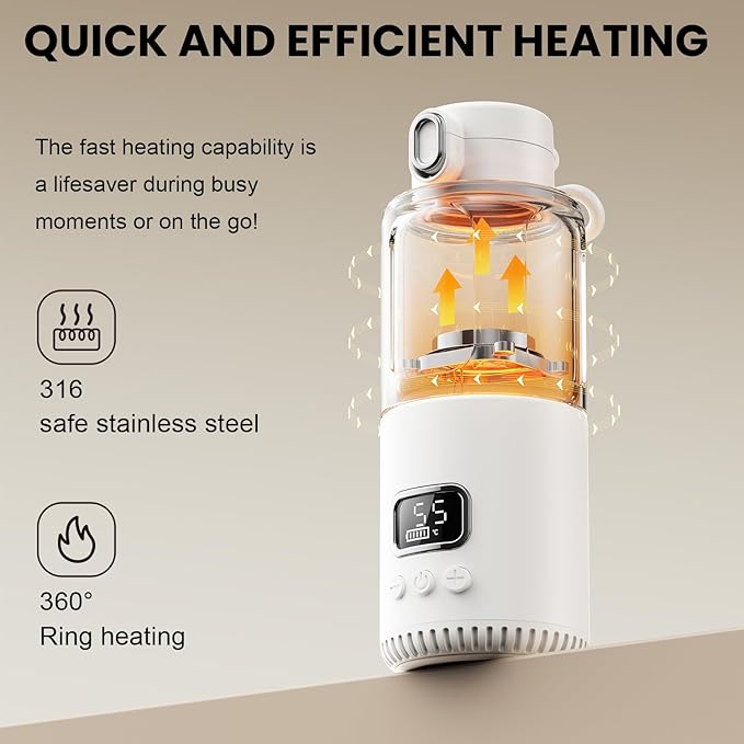 Dollox Portable Bottle Warmer for Travel 12oz Large Capacity Baby Portable Water Warmer for Formula, Breastmilk, Milk, 10000mAh, Wireless, Fast Heating Suitable for Baby Outdoor Travel, Car, Airplane