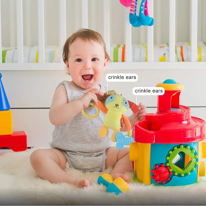 Toys for 0 3 6 9 to 12 Months, Soft Hanging Crinkle Squeaky Sensory Learning Toy Infant Newborn Stroller Car Seat Crib Travel Activity Plush Animal Wind Chime with Teether for Boys Girls