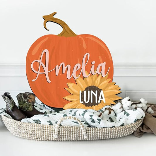 Personalized Wooden Name Sign, Round 3D Nursery Name Sign, Pumpkin Sunflower Nursery, Baby Name Sign, Wooden name signs for nursery, Little Pumpkin Decor, Baby Shower, Name signs for kids gift/14