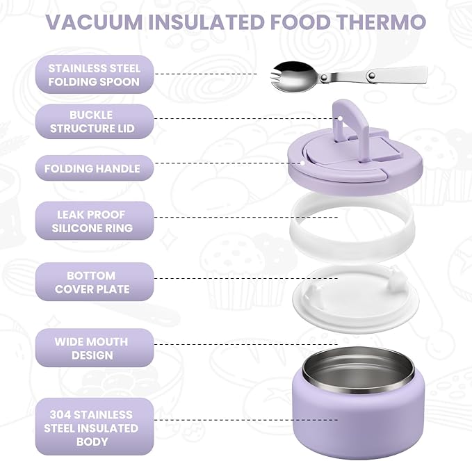 Soup Thermo for Hot Food Kids 13.5oz Lunch Containers with Buckle Lid Wide Mouth Hot Food Jar Vacuum Insulated Stainless Steel Bento Box Leakproof with Spoon(Purple)