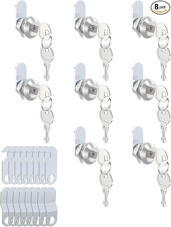 8 Packs Drawer and Cabinet Locks (Keyed Different) Secure Important Files, 5/8Inch 16mm Cam Locks with 3 pcs Different Lock Plates for Cabinet Cupboard File Drawer Mailbox Dresser Kitchen