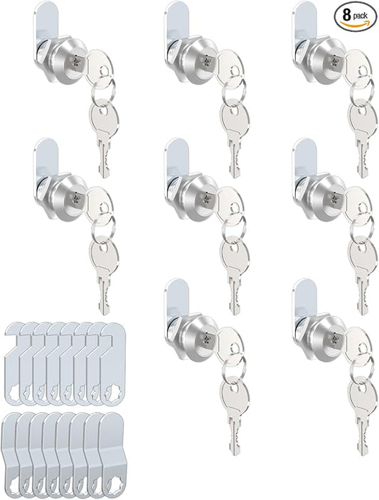 8 Packs Drawer and Cabinet Locks (Keyed Different) Secure Important Files, 5/8Inch 16mm Cam Locks with 3 pcs Different Lock Plates for Cabinet Cupboard File Drawer Mailbox Dresser Kitchen
