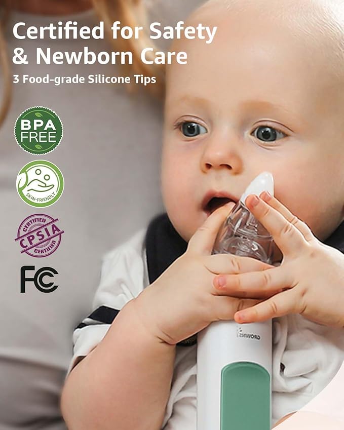 GROWNSY Nasal Aspirator for Baby, Electric Nose Aspirator for Toddler, Baby Nose Sucker, Automatic Nose Cleaner with 3 Silicone Tips, Adjustable Suctions, Music and Light Soothing Function (Green)