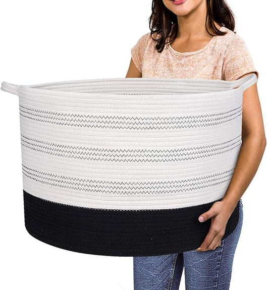 XXXLarge Cotton Rope Basket 22" X 22"X 14" Blanket Basket for Living Room Woven Basket Soft Baby Laundry Blanket Basket Nursery Bin Toy Basket with Handle White+Black
