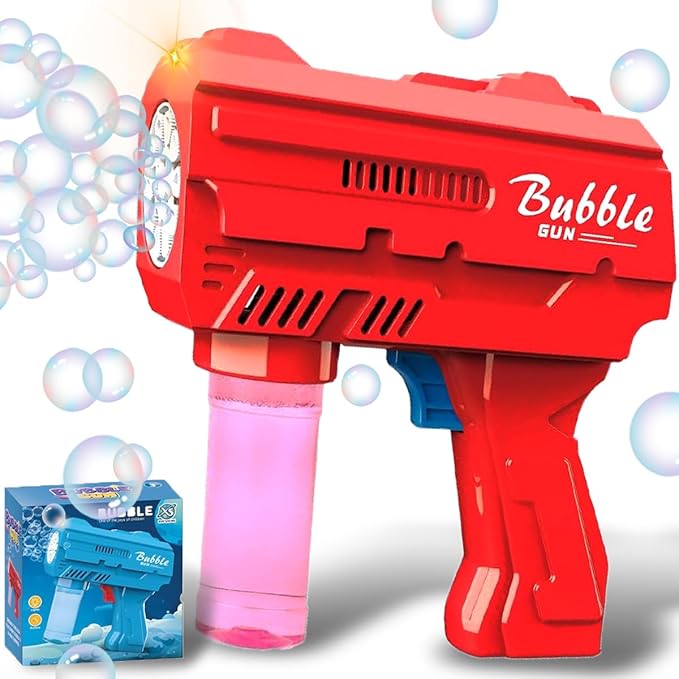 Kids Bubble Gun, Bubble Blaster with Refill Solution, Automatic Bubble Maker Blower & LED Light, Bubble Machine Guns for Toddlers Age 3-8, Outdoor Toys，Birthday Gifts，Easter, Wedding, Party (Red)