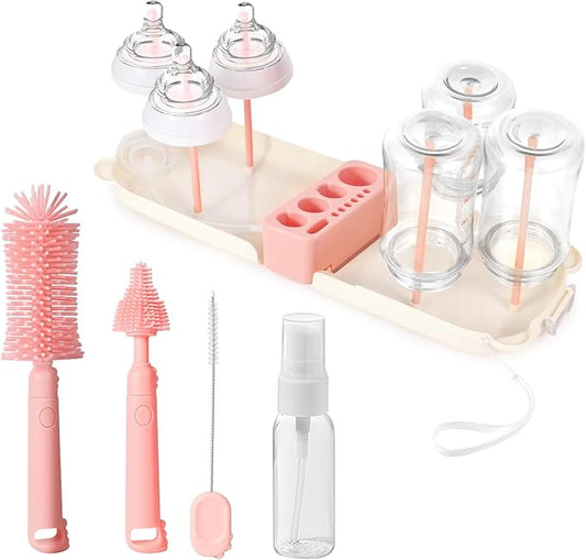 Portable Baby Bottle Brush Set - 7 in 1 Baby Bottle Cleaner Kit, Baby Travel Essential Bottle Washing Kit with Silicone Bottle Brush, Nipple Brush, Straw Brush, Drying Rack for Home and Travel (Pink)