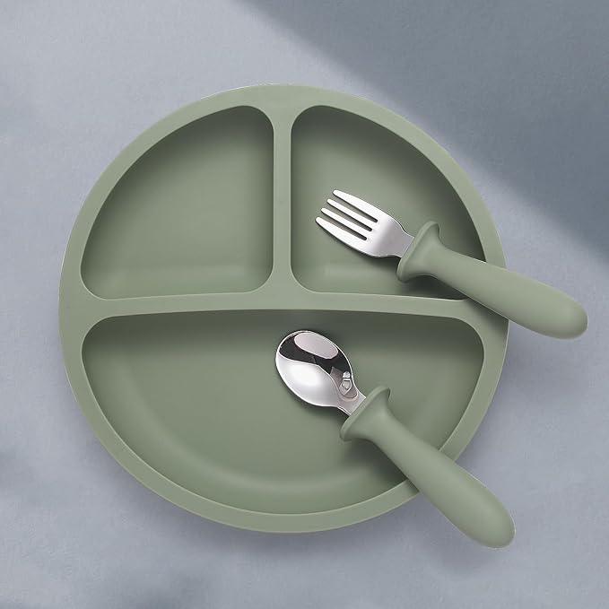 Baby Feeding Set, 2 Pack Silicone Divided Suction Plates for Baby, 2 Pack Spoons and Forks Set, BPA Free, Baby Led Weaning Supplies for Toddler Utensils