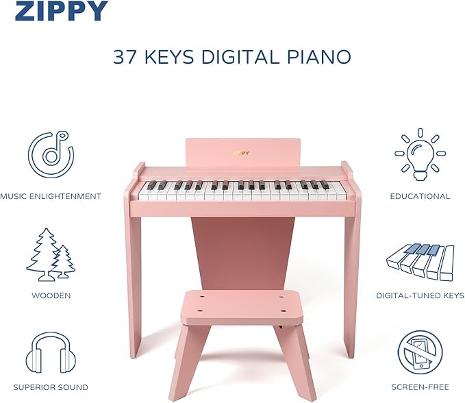 ZIPPY Kids Piano Keyboard, 37 Keys Digital Piano for Kids, Music Educational Instrument Toy, Wood Piano for 3+ Girls and Boys (Pink Basic)
