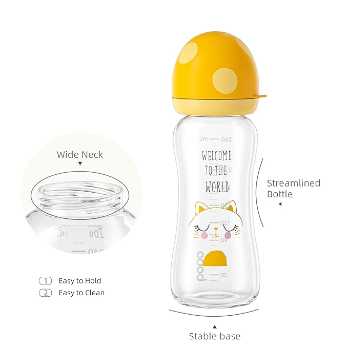 YOHKOH Natural Glass Baby Bottle with Natural Response Nipple, Newborn Anti-Colic Baby Bottles, Wide Neck Mushroom Cap Baby Bottle, Clear (8.8ounce (Pack of 4), Yellow1)
