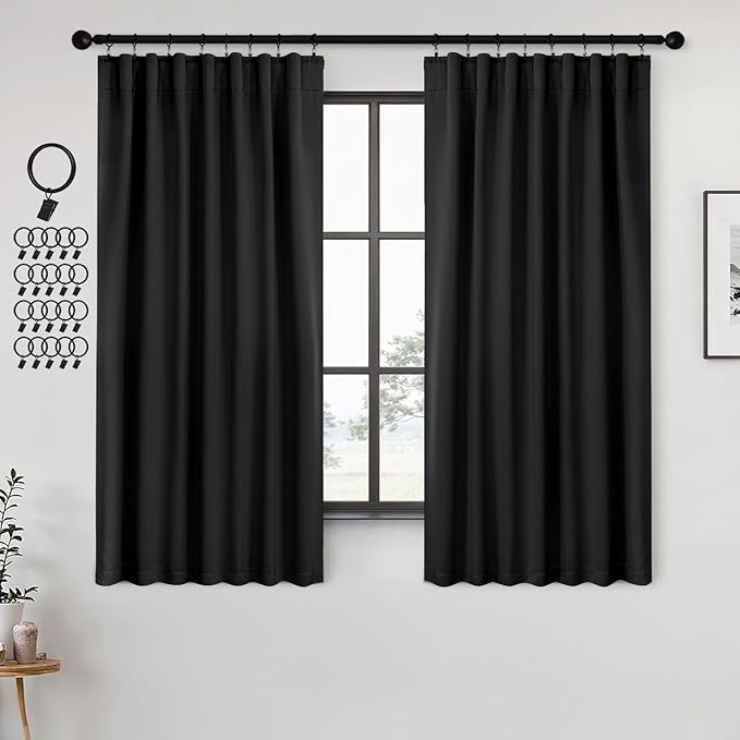 ANRODUO Back Tab Blackout Curtains for Bedroom Living Room, Rod Pocket Pinch Pleated Thermal Insulated Room Darkening Curtains 63 Inches Long 2 Panels, Black, 42 x 63 Inch