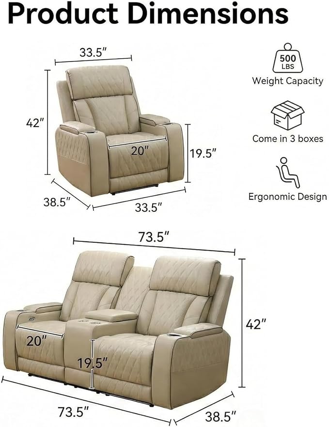 Power Recliner Sofa Set with LED Lights, Includes 2 Manual Recliner 1 Seat and - Image 7