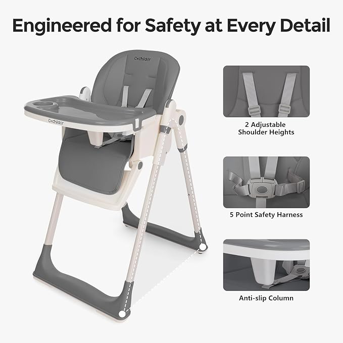 3-in-1 Foldable High Chair for Babies & Toddlers – Adjustable Height, Reclining Seat, 5-Point Safety Harness, Removable Tray, Lockable Wheels, Washable Cushion – Portable & Easy Clean, Grey