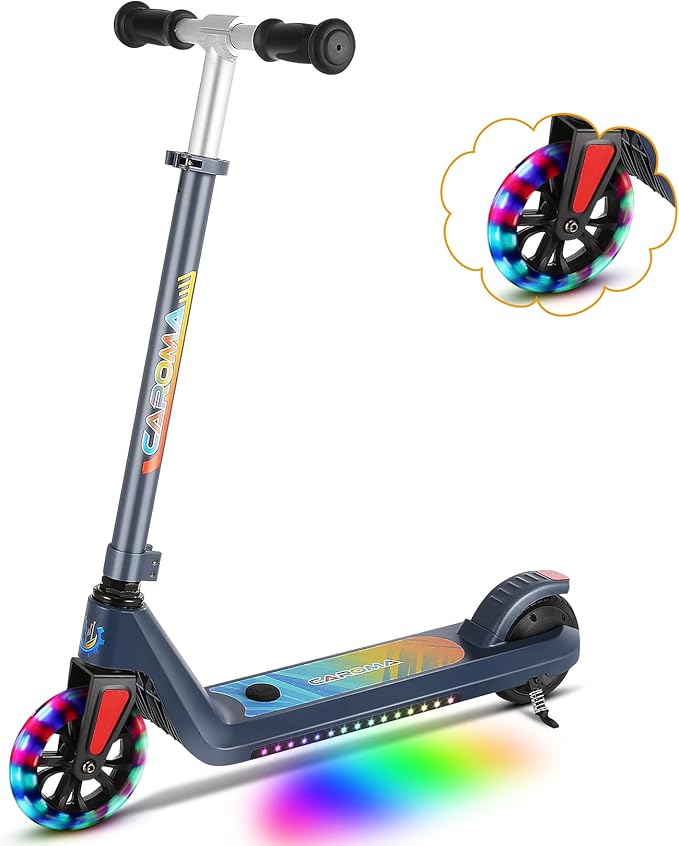 Caroma Electric Scooter for Kids Ages 6-12,150W/180WMotor,10 MPH Max Speed & 7 Miles,Colorful Lights,Adjustable Height & Speed,LED Display,Foldable Kids Electric Scooter 132 Lbs Max Load,Idea Gift